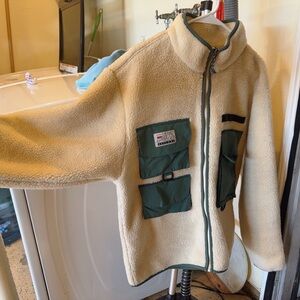 Cream Fleece Jacket with Green Pockets